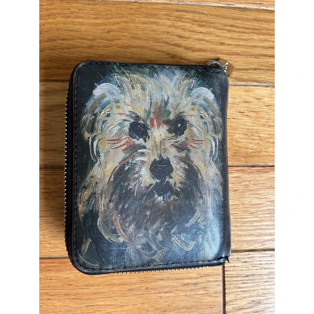 Vintage Icon Los Angeles Leather Dog Portrait Bifold Wallet Black Zip Terrier